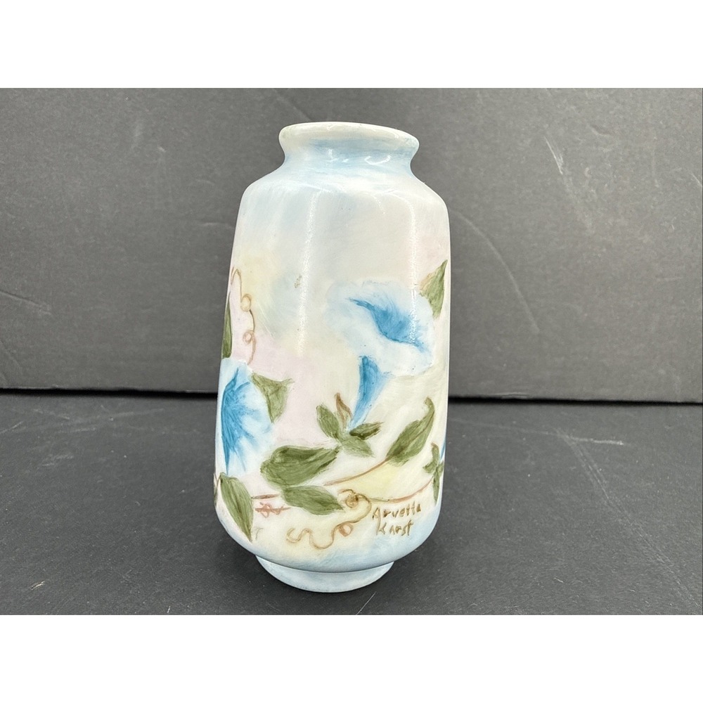 VTG Signed‎ Hand Painted Morning Glory Porcelain Bud Vase Mini Floral Vase